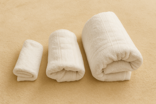 Juego de 3 toallas blancas 100% algodón en Uruguay, cara, manos y baño toallón enrolladas.