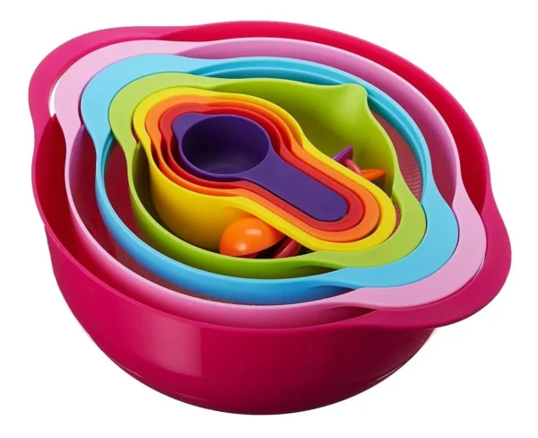 Set de 10 piezas | Bowls, tazas medidoras, cernidor y colador | Set de cocina colorido