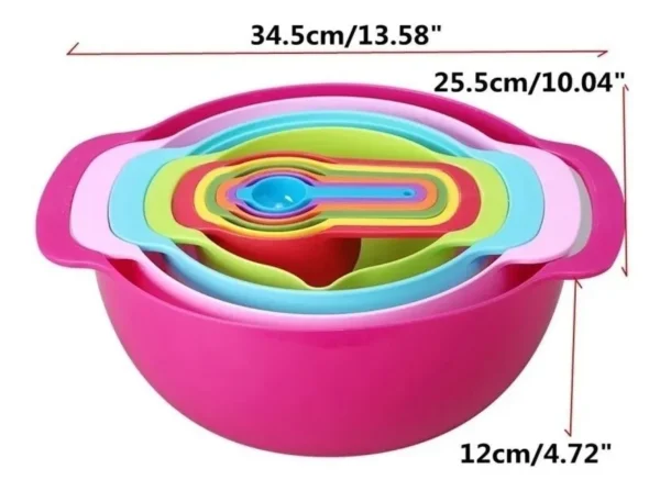Set de 10 piezas | Bowls, tazas medidoras, cernidor y colador | Set de cocina colorido
