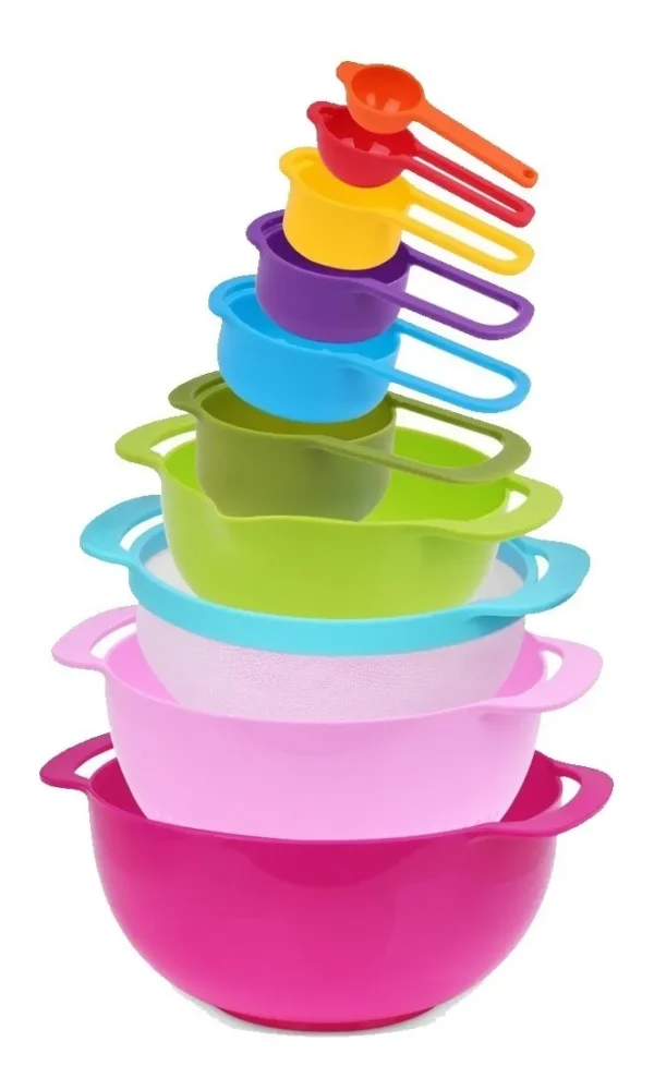 Set de 10 piezas | Bowls, tazas medidoras, cernidor y colador | Set de cocina colorido